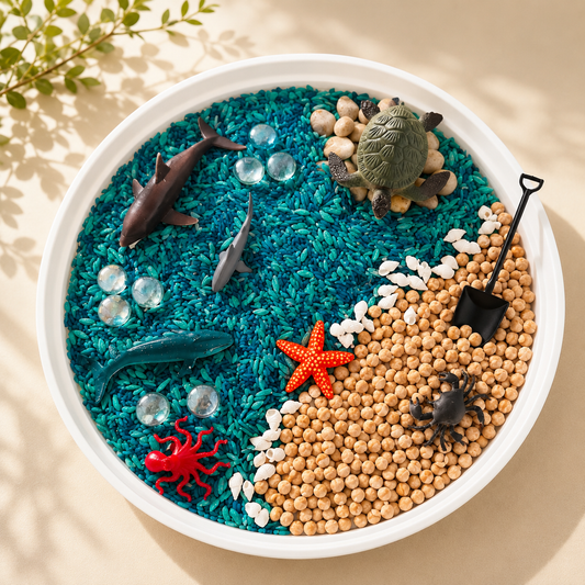 Whispering Water sensory rice blend in calming ocean tones - WhimsyBloom