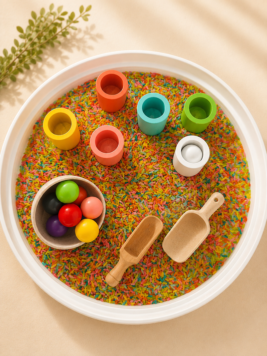 Rainbow Dreams sensory rice in vibrant colours for sensory bins - WhimsyBloom