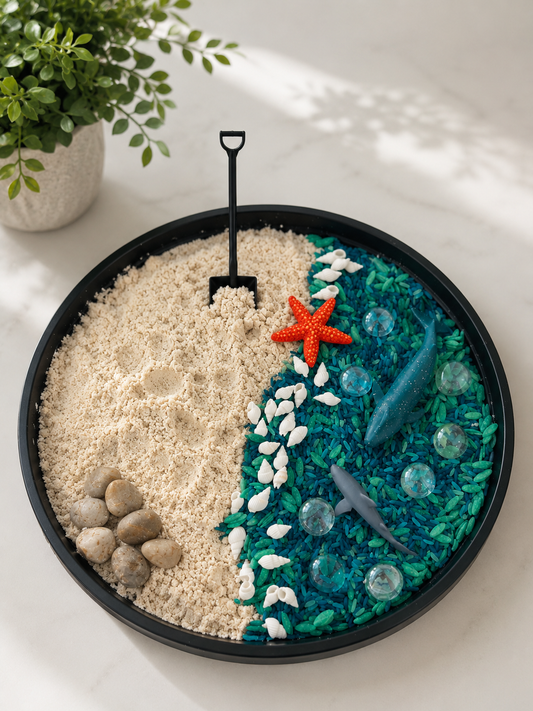 Ocean Treasures sensory kit contents with blue fillers and play tools - WhimsyBloom