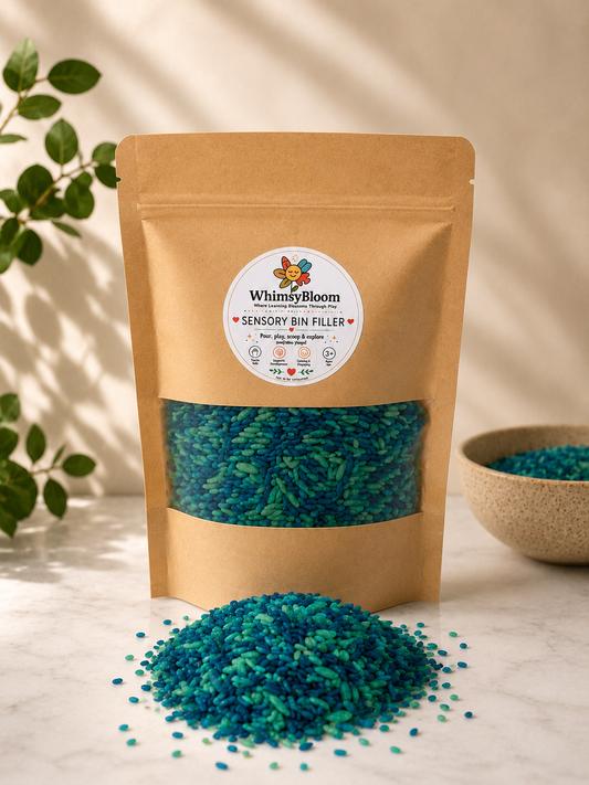 Whispering Water blue and teal sensory rice filler for toddler play - WhimsyBloom