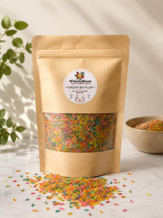 Rainbow Dreams multi-colour sensory rice filler for toddler play - WhimsyBloom